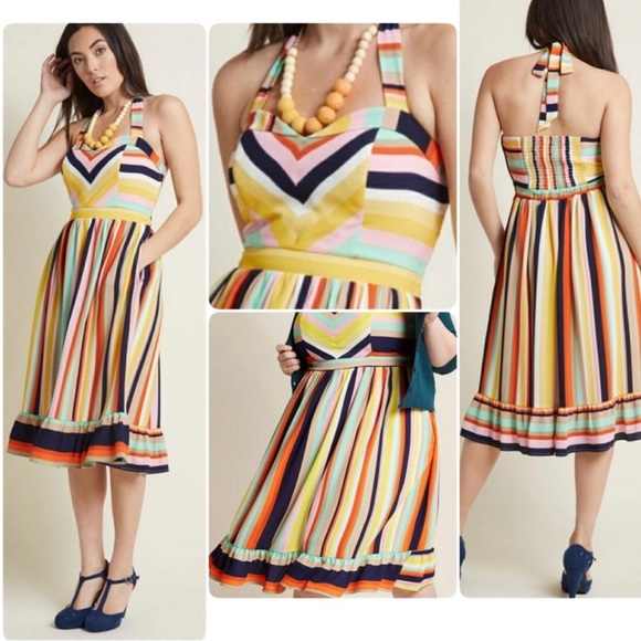 Modcloth Dresses & Skirts - ModCloth Purposefully Piquant Stripe Ruffle Halter Dress